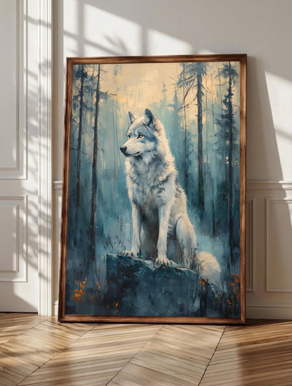 Wolf wall art: a white wolf sitting still on a mossy rock in midnight teal woodland