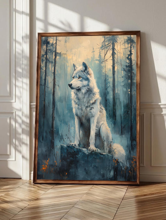 Wolf wall art: a white wolf sitting still on a mossy rock in midnight teal woodland