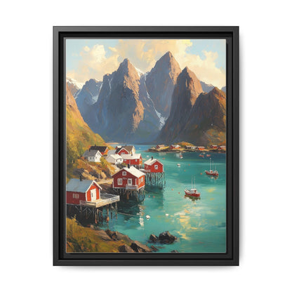 Norway Fjord wall art framed canvas print in a black wood frame