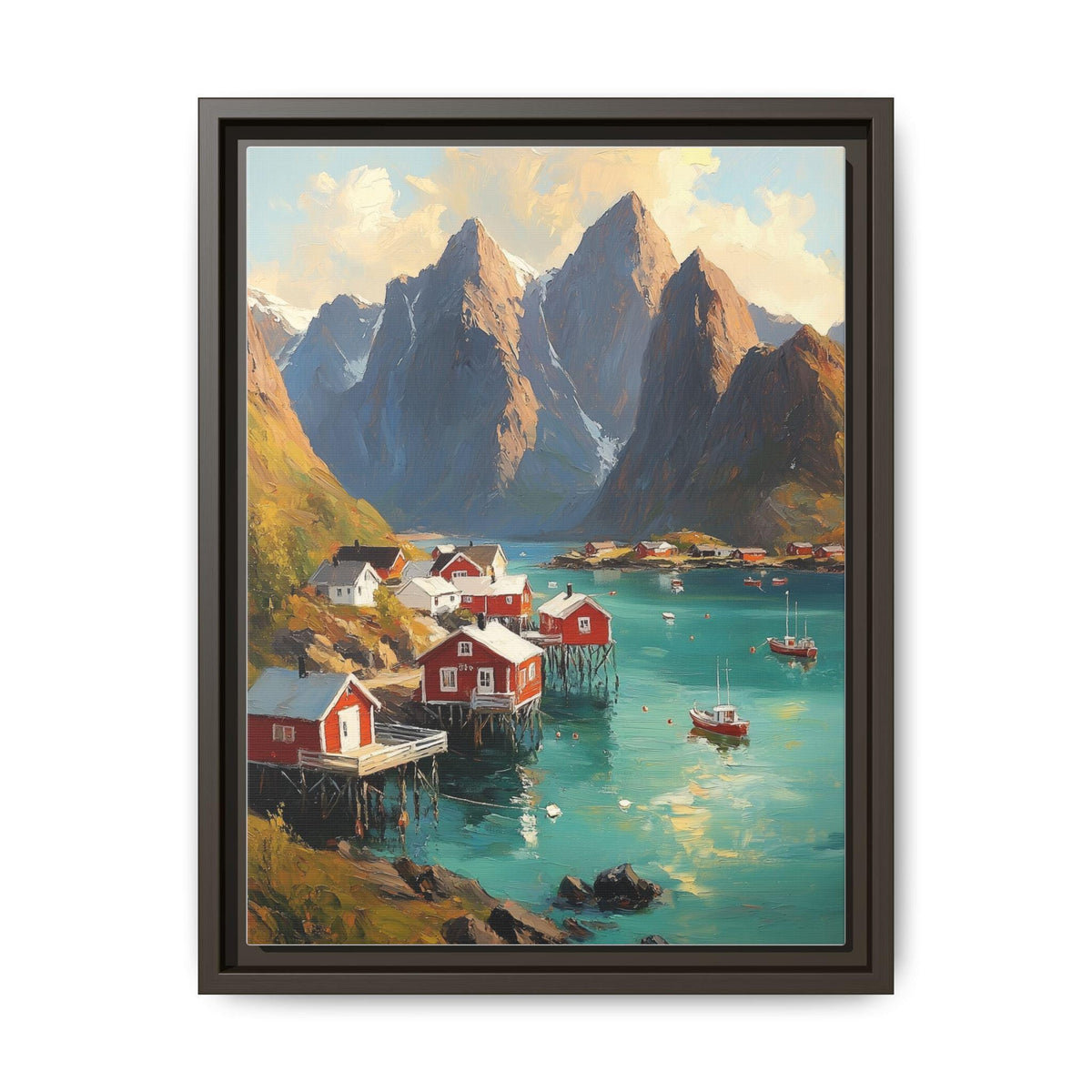 Norway Fjord wall art framed canvas print in an espresso wood frame