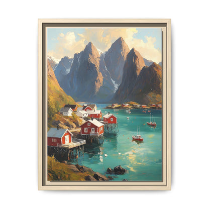 Norway Fjord wall art framed canvas print in a natural wood frame