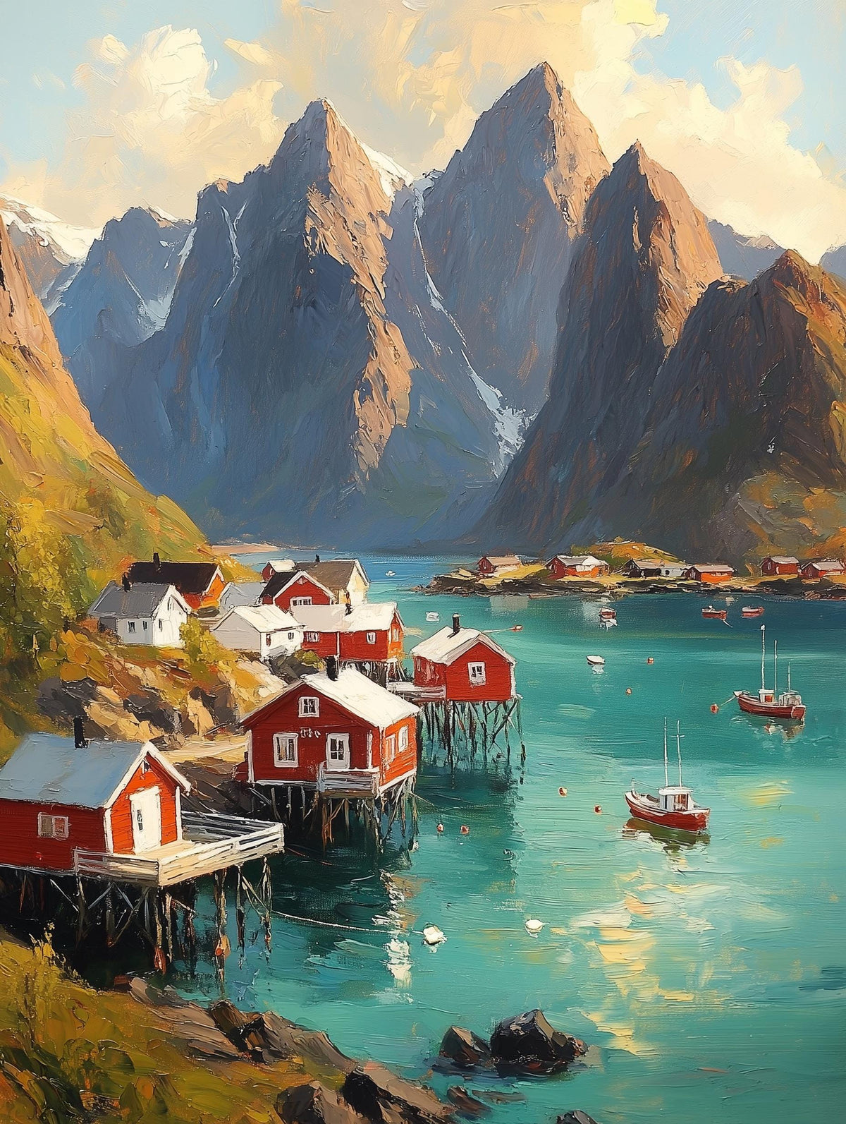 Painterly Lofoten canvas print with jagged granite peaks rising behind the fjord