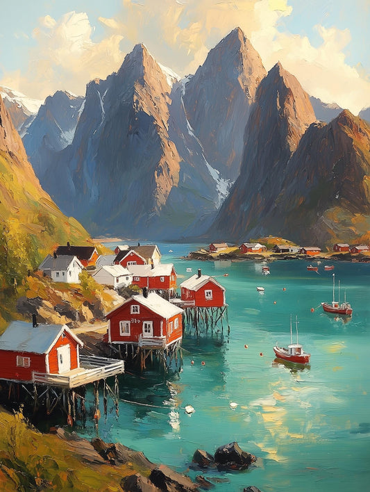 Painterly Lofoten canvas print with jagged granite peaks rising behind the fjord