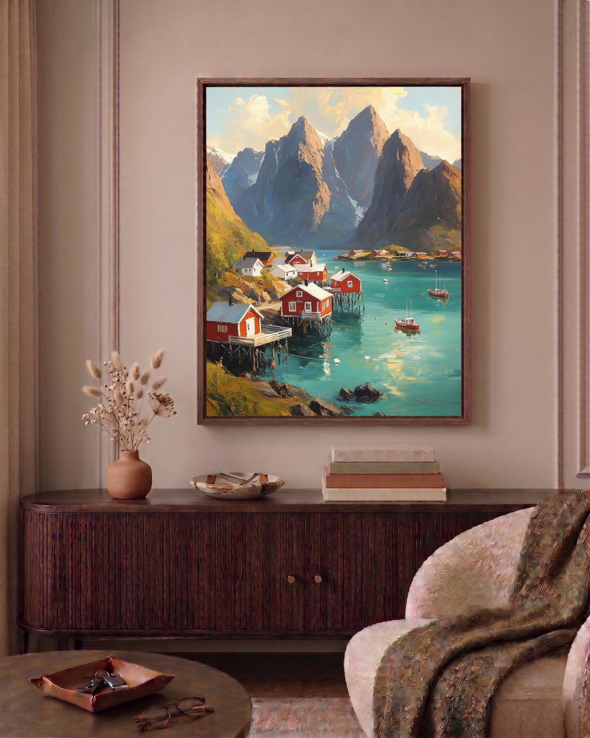 Oil-painting style Nordic landscape print in a solid wood frame, made to order