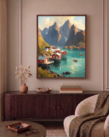 Oil-painting style Nordic landscape print in a solid wood frame, made to order