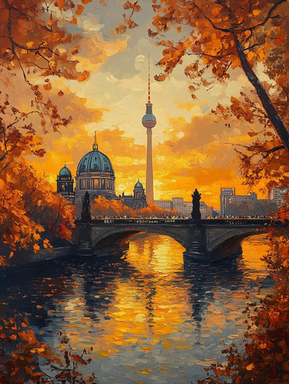 Painterly Berlin canvas print with amber autumn leaves along the riverbank