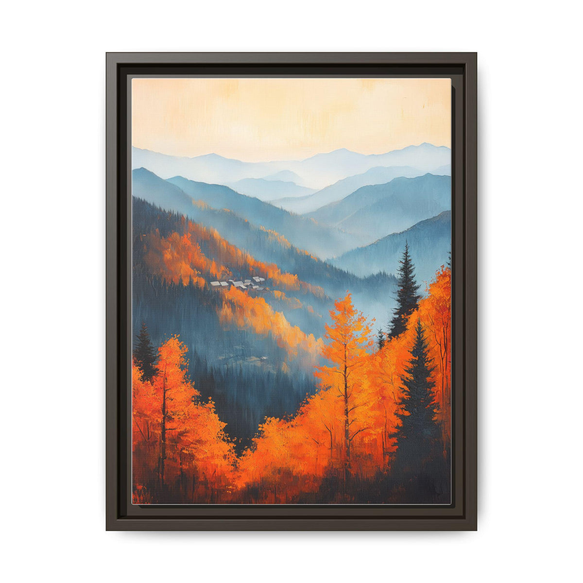 Smoky Mountains wall art framed canvas print in an espresso wood frame
