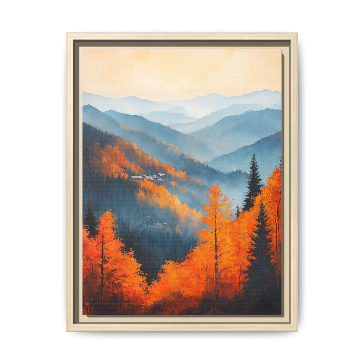 Smoky Mountains wall art framed canvas print in a natural wood frame