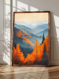 Smoky Mountains wall art: blue-grey ridgelines fading into haze above a valley village