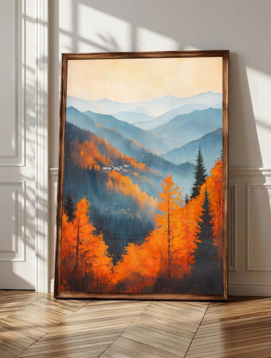 Smoky Mountains wall art: blue-grey ridgelines fading into haze above a valley village