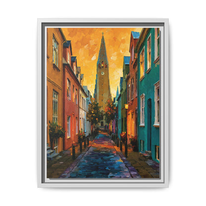 Reykjavik wall art framed canvas print in a white wood frame