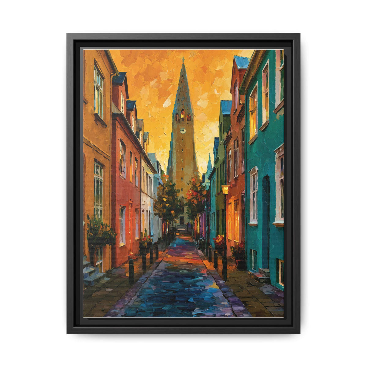 Reykjavik wall art framed canvas print in a black wood frame