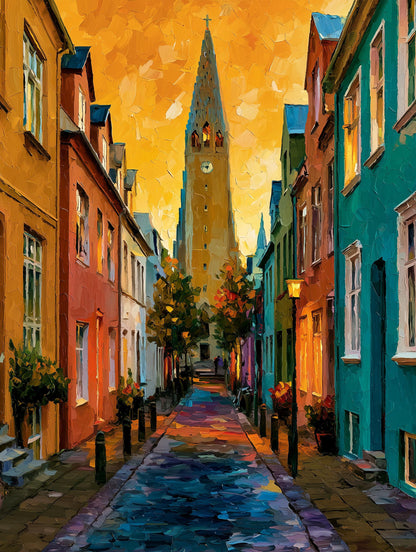 Painterly Reykjavik canvas print with Hallgrimskirkja rising above the lane