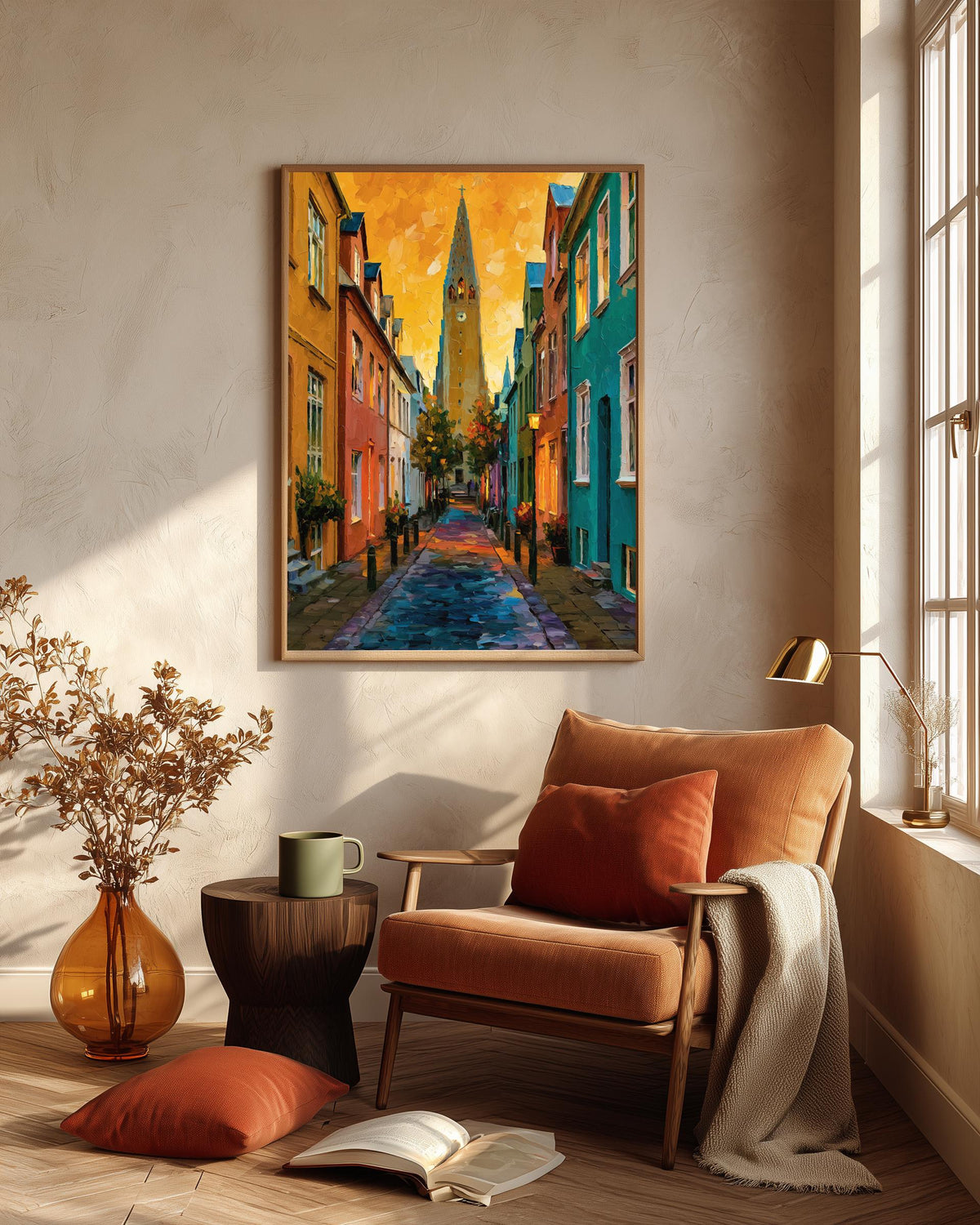 Oil-painting style Nordic street print in a solid wood frame, made to order