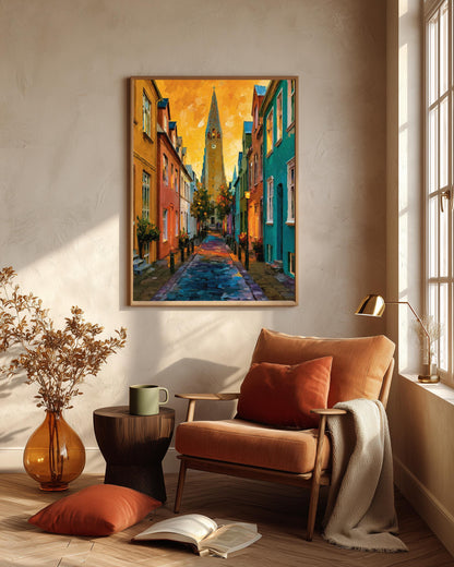 Oil-painting style Nordic street print in a solid wood frame, made to order