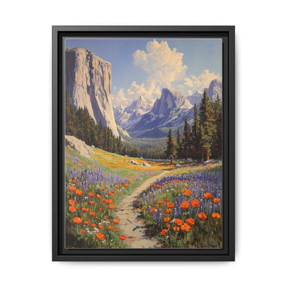 Yosemite wall art framed canvas print in a black wood frame