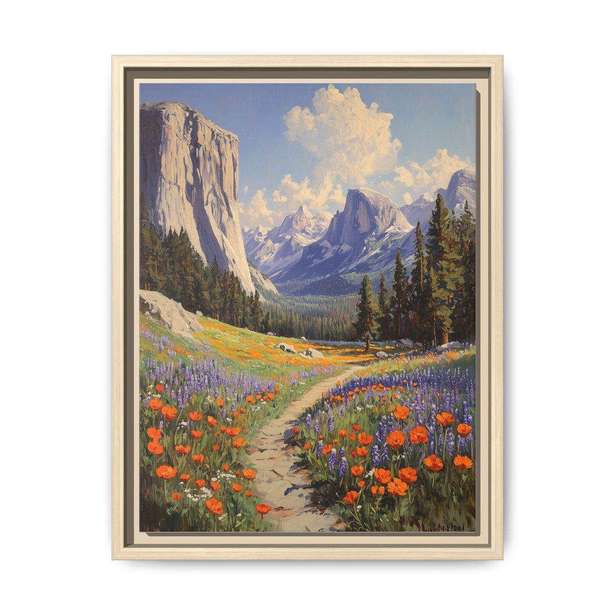 Yosemite wall art framed canvas print in a natural wood frame