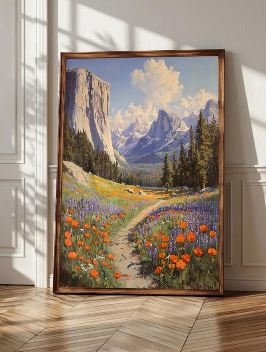 Yosemite wall art: El Capitan towering over a poppy and lupine meadow