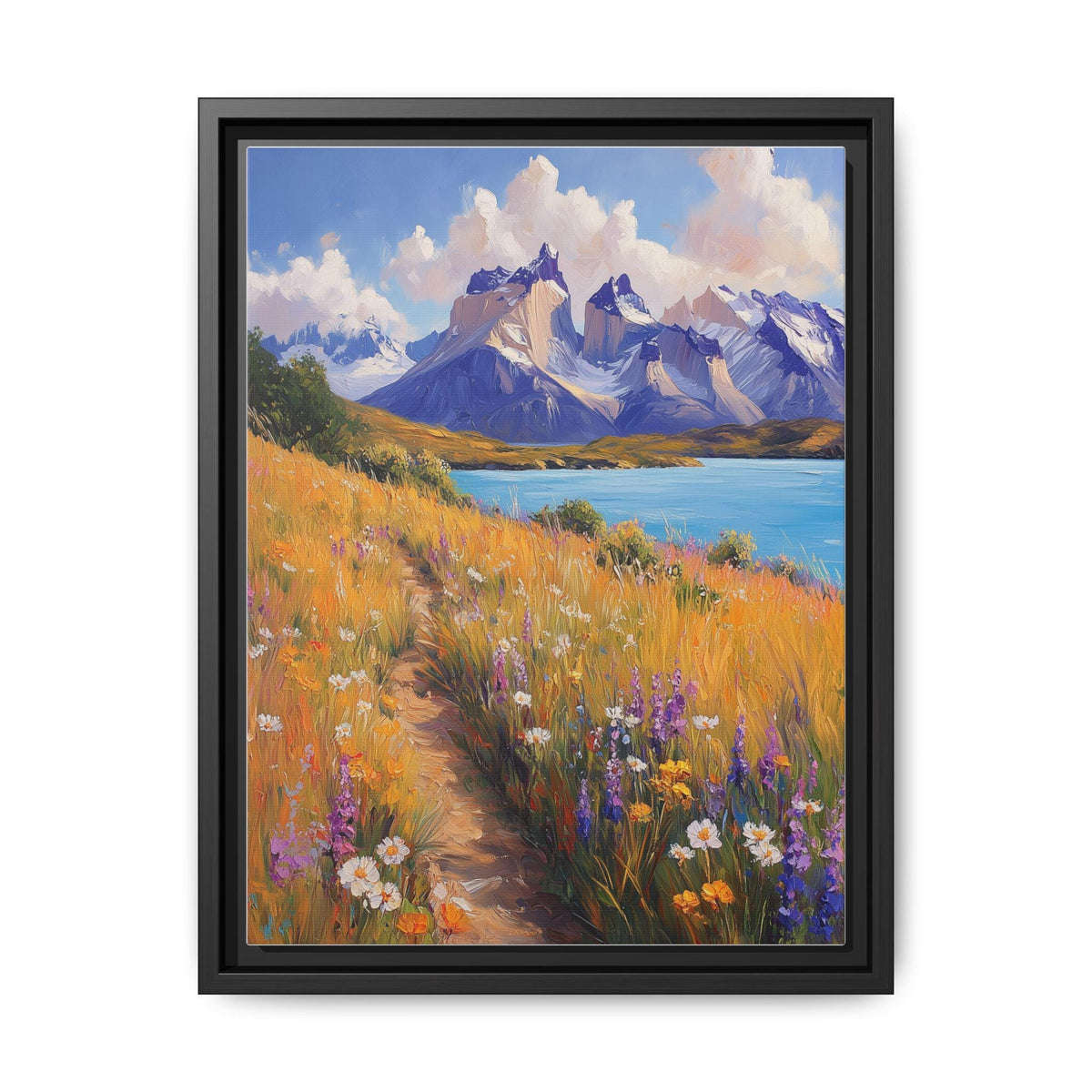 Torres del Paine wall art framed canvas print in a black wood frame