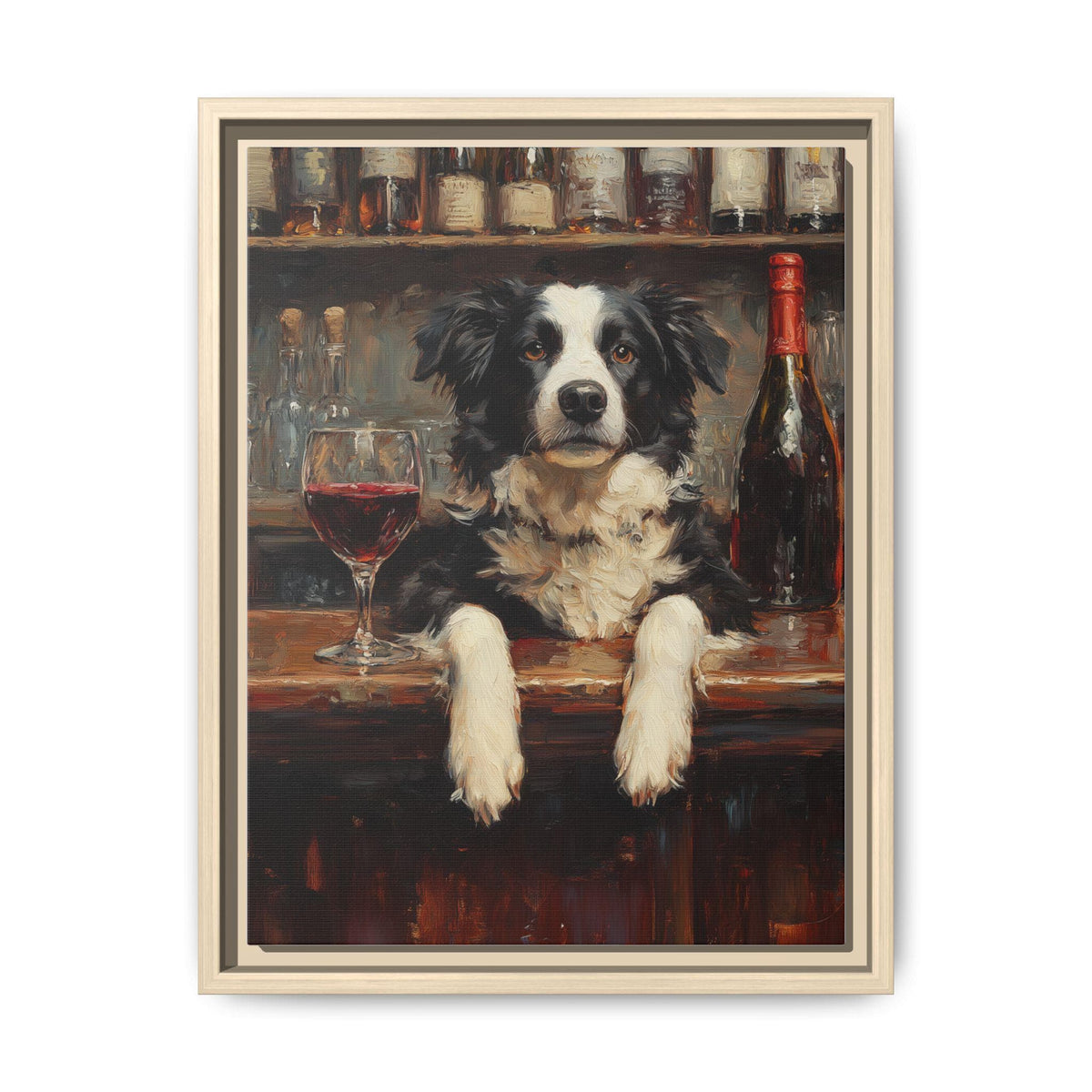 Border Collie framed canvas print in a natural wood frame