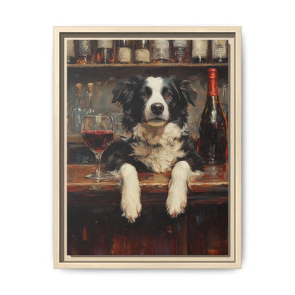 Border Collie framed canvas print in a natural wood frame