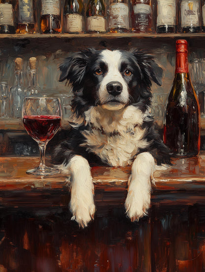 Painterly Border Collie canvas print beside a poured glass of red wine