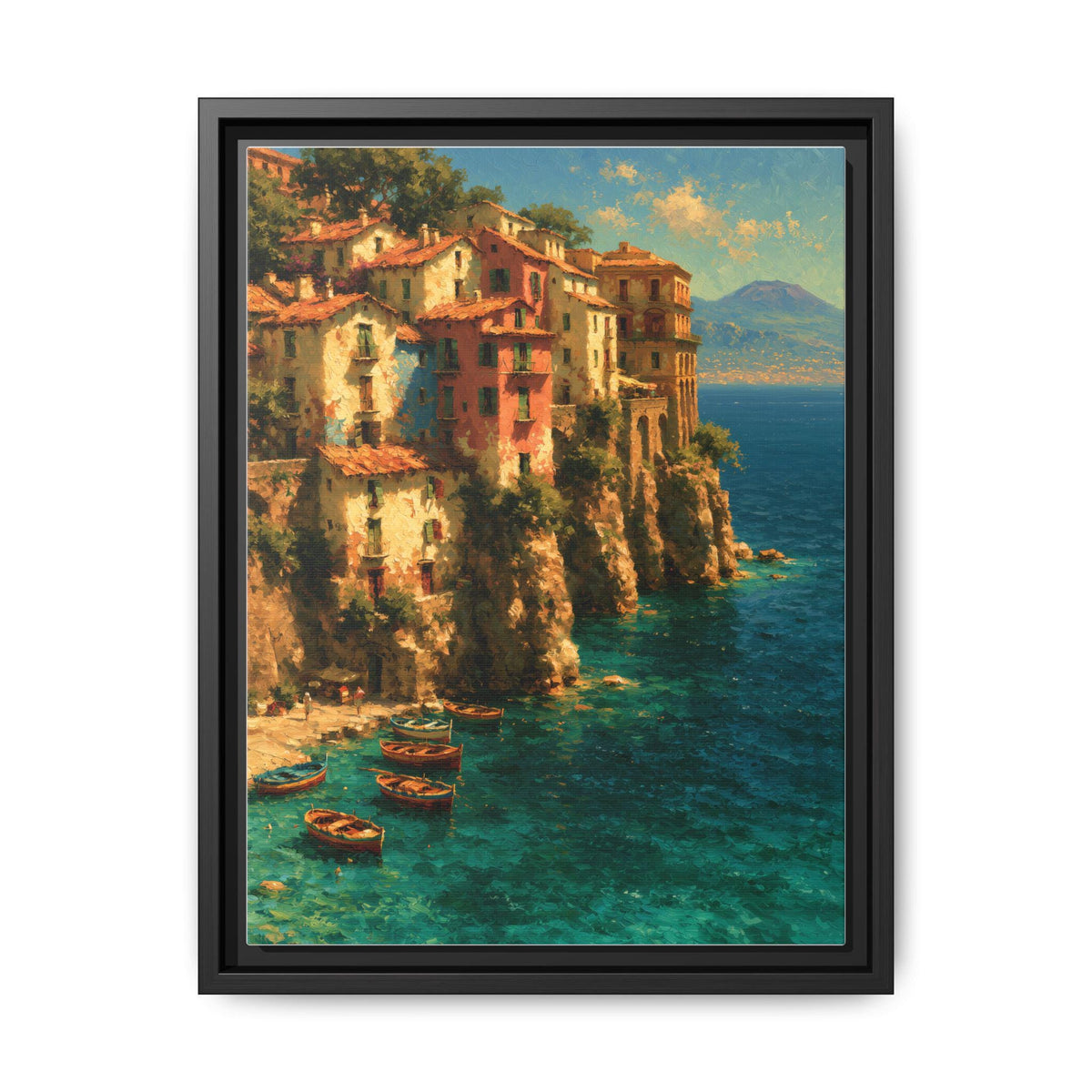 Sorrento wall art framed canvas print in a black wood frame