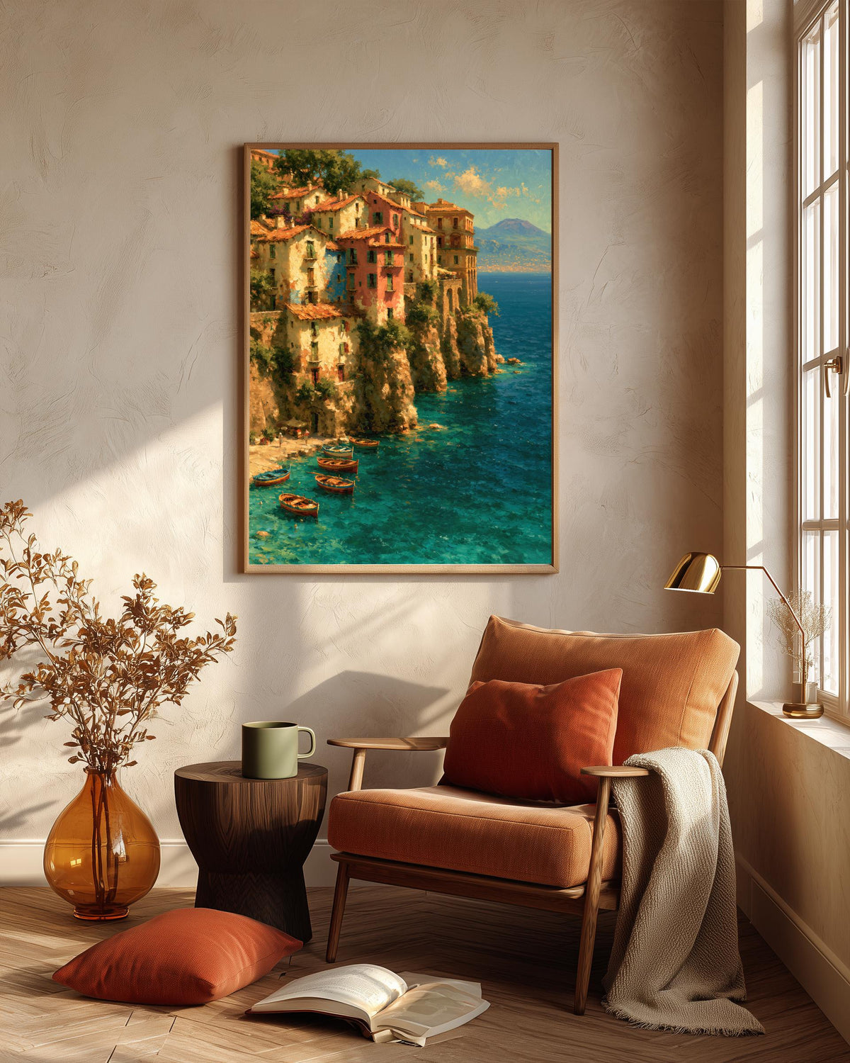 Italian coastal oil-painting style art on cotton canvas, made to order in seven sizes