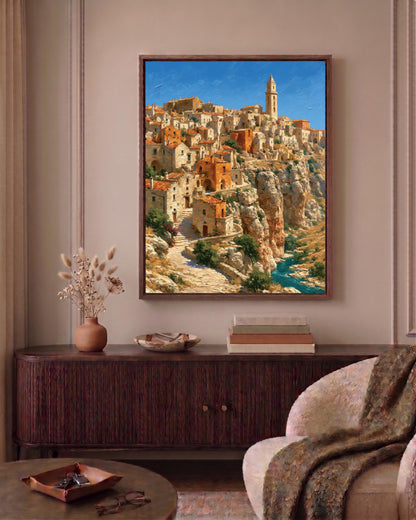 Sun-warmed stone village study in ochre and cream on canvas, ready to hang