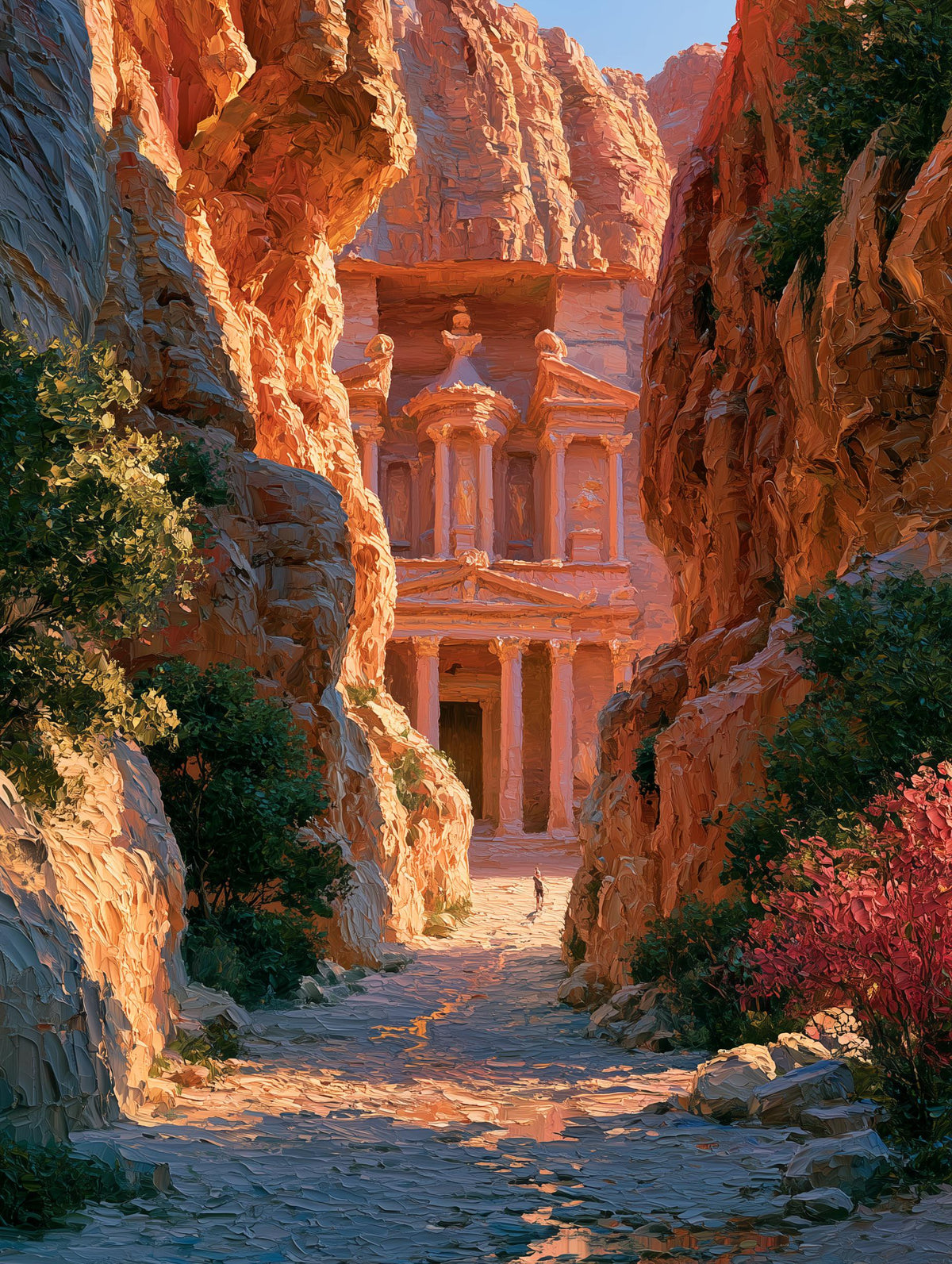Painterly Jordan canvas print with rose-red stone carved into the canyon wall