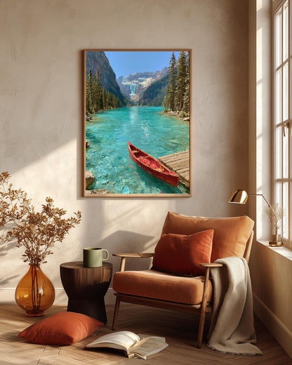 Lake Louise framed canvas art in a solid wood frame, ready to hang