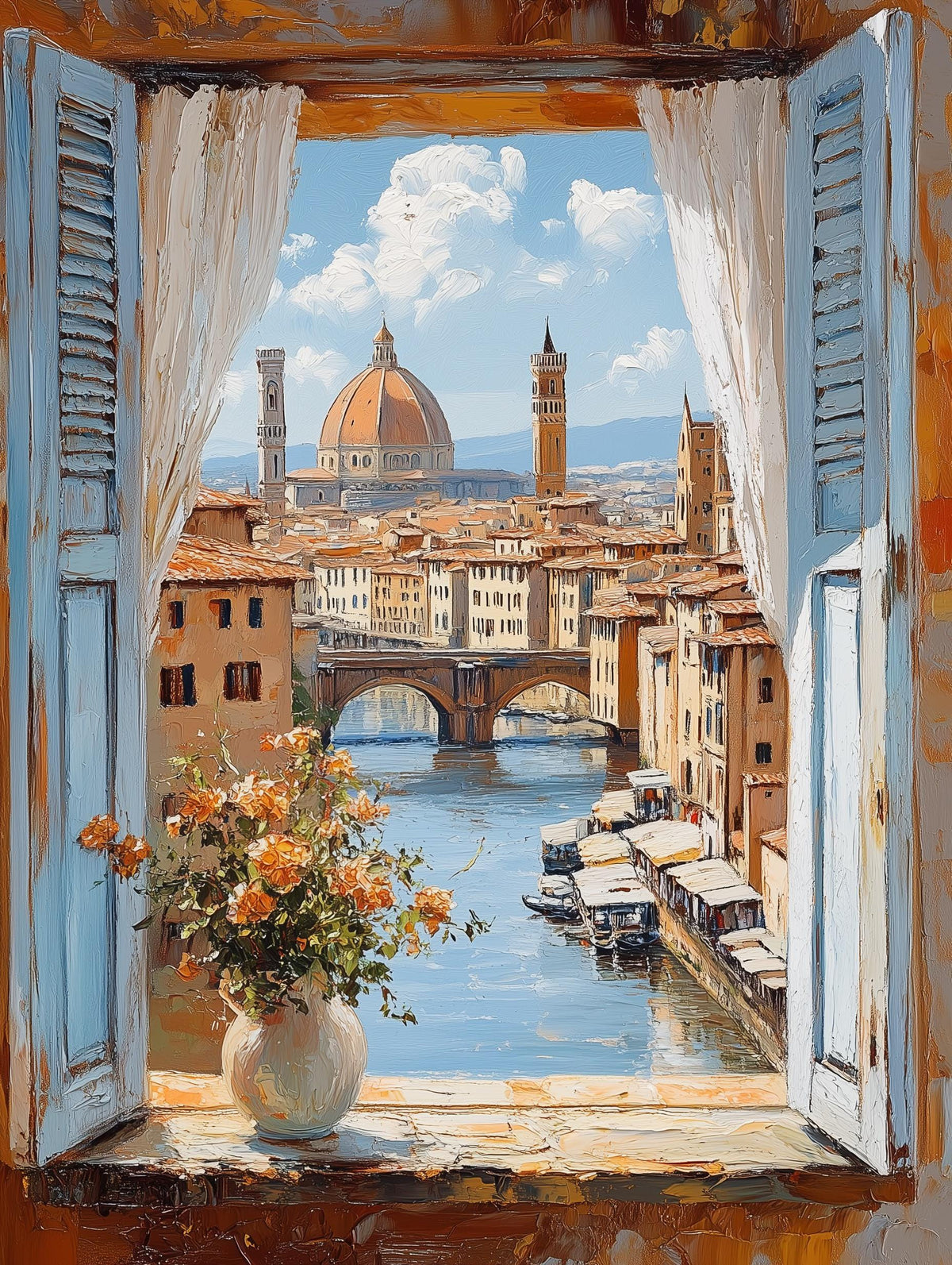 Painterly Florence window canvas print with the Ponte Vecchio in the distance