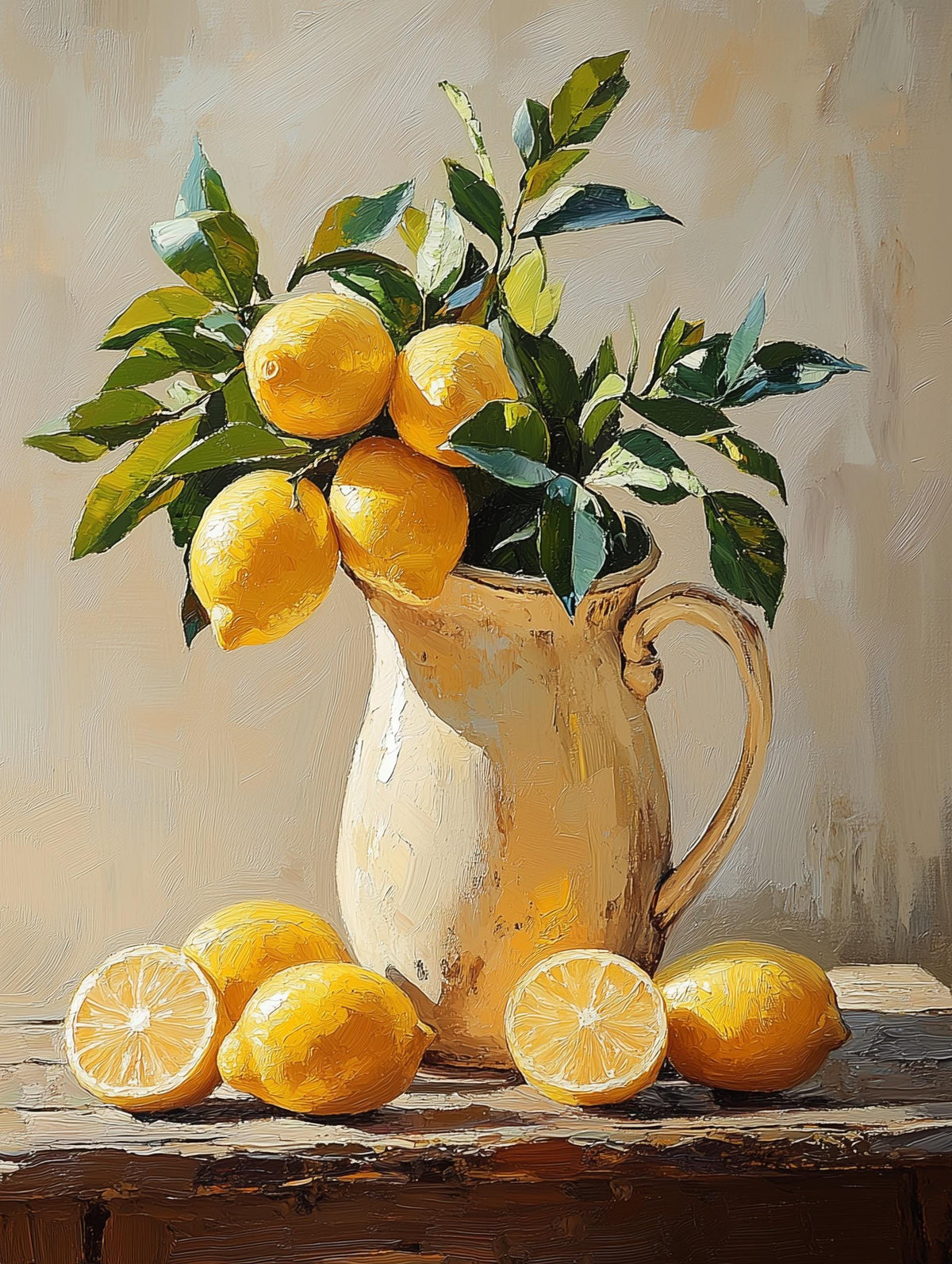 Citrus still life painted in thick impasto oils, bright yellow against green