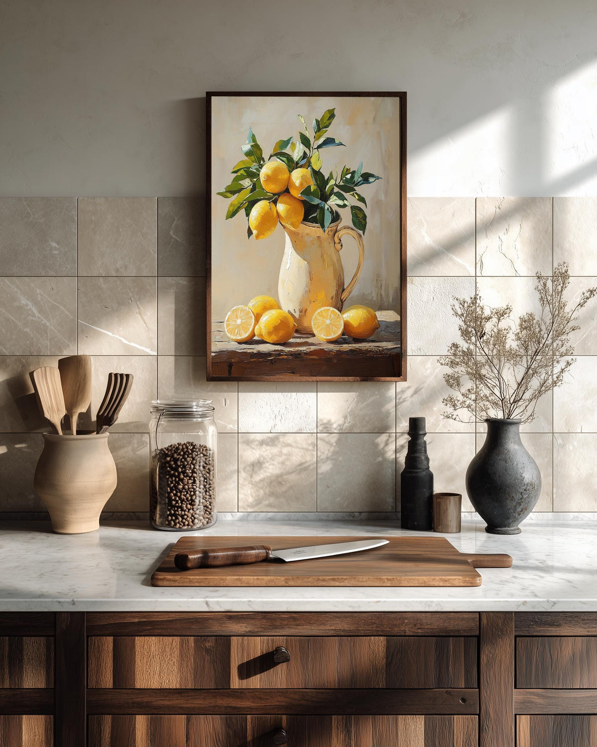 Painterly Mediterranean kitchen study of a laden lemon branch, made to order
