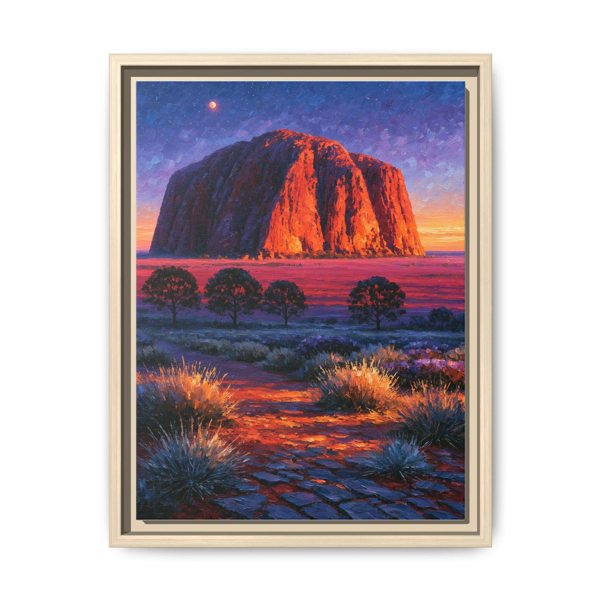 Uluru wall art framed canvas print in a natural wood frame