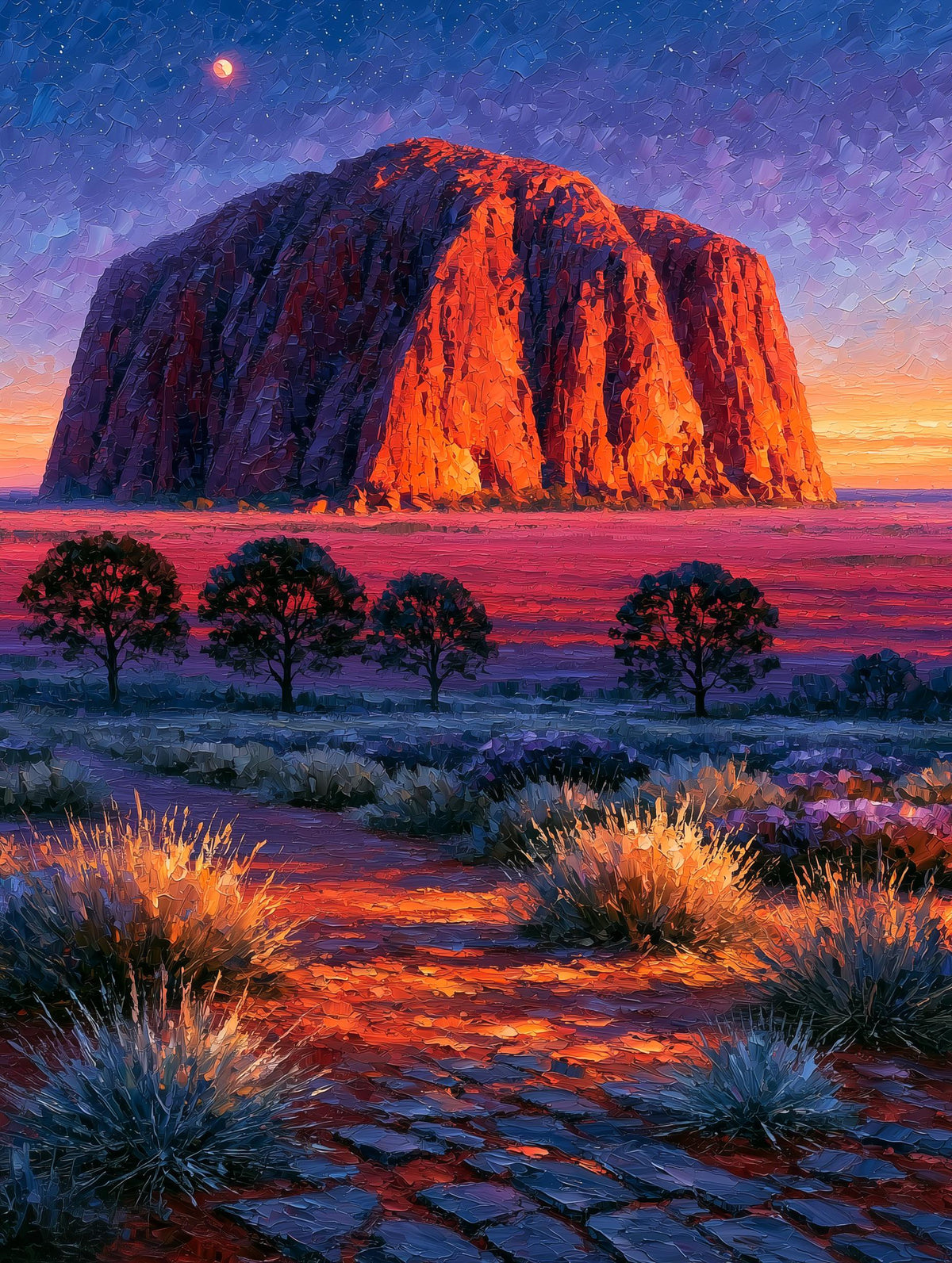 Outback canvas print with the horizon catching fire at sunset in loose oils