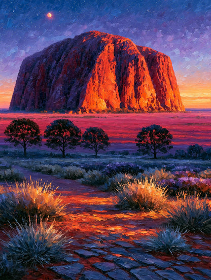 Outback canvas print with the horizon catching fire at sunset in loose oils