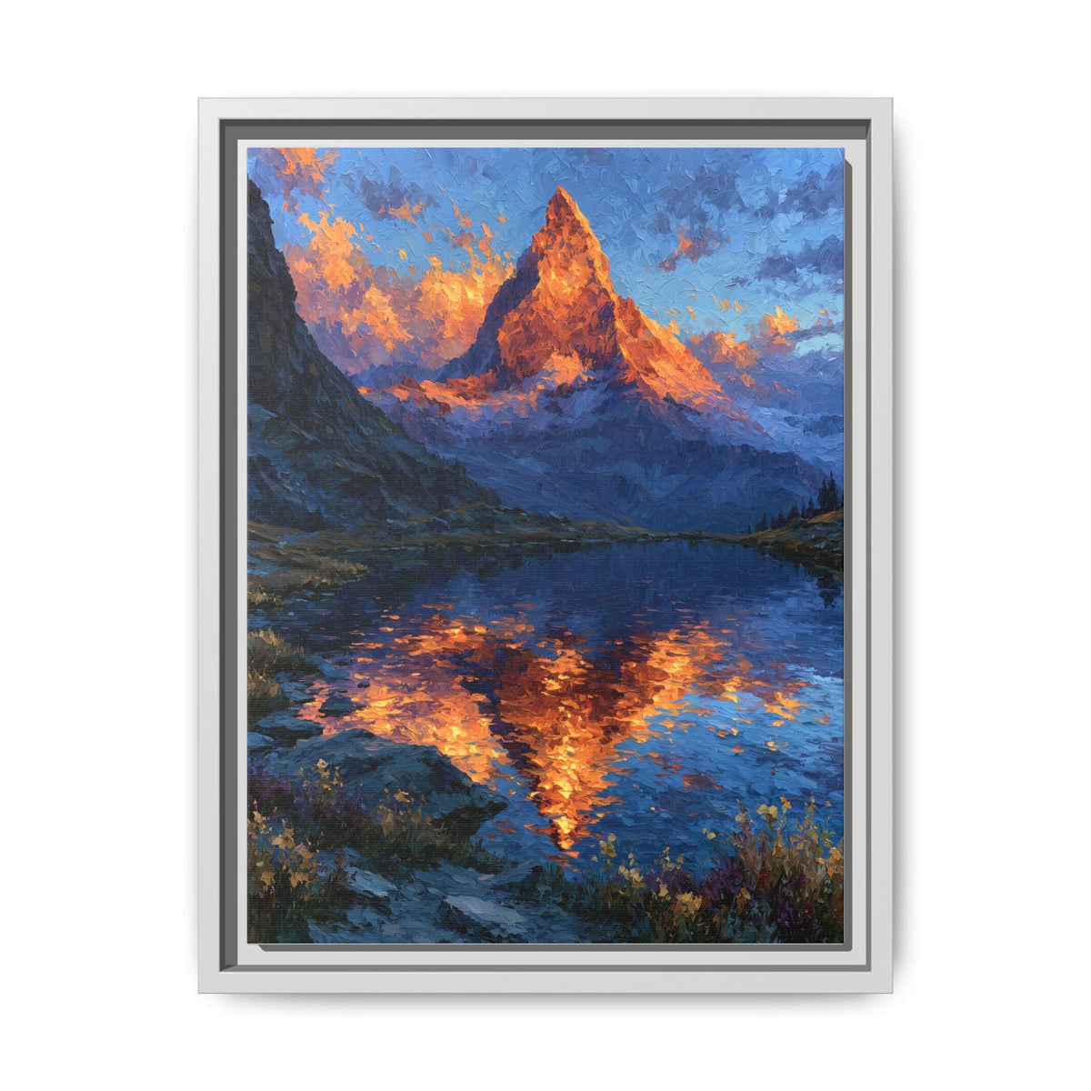 Matterhorn wall art framed canvas print in a white wood frame
