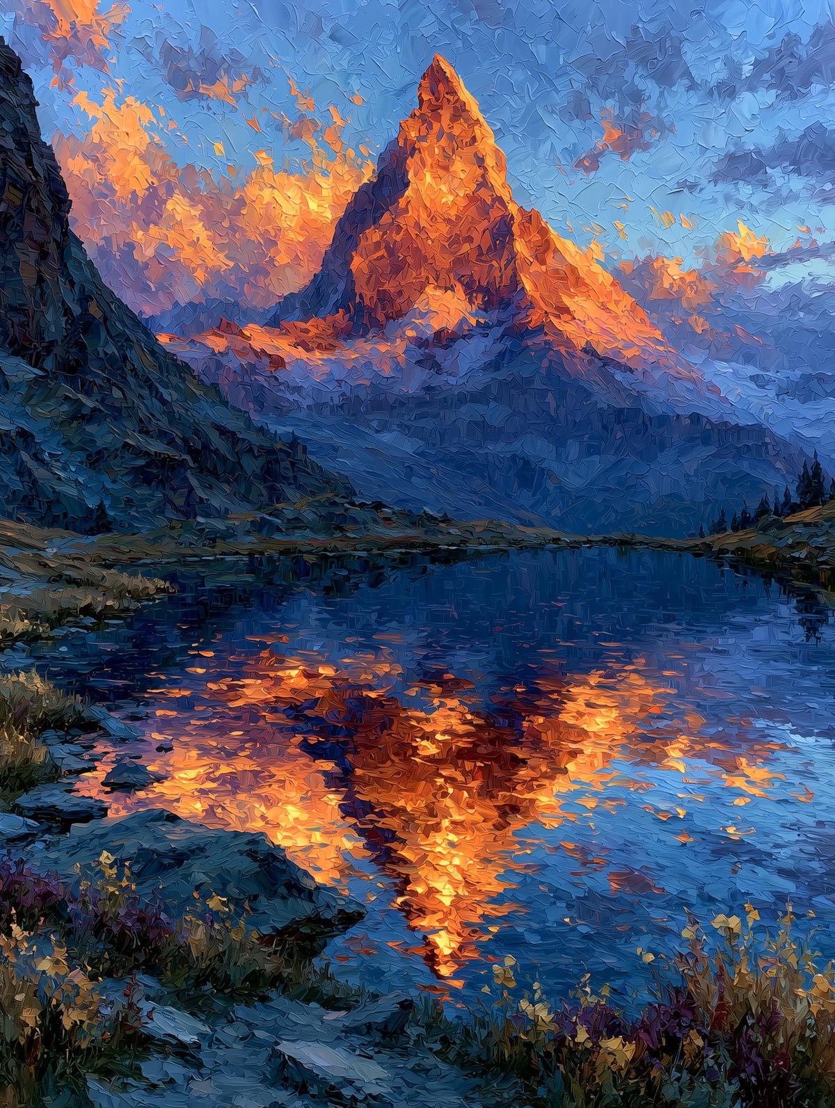 Alpine oil painting with a wildflower shore below the pyramid summit