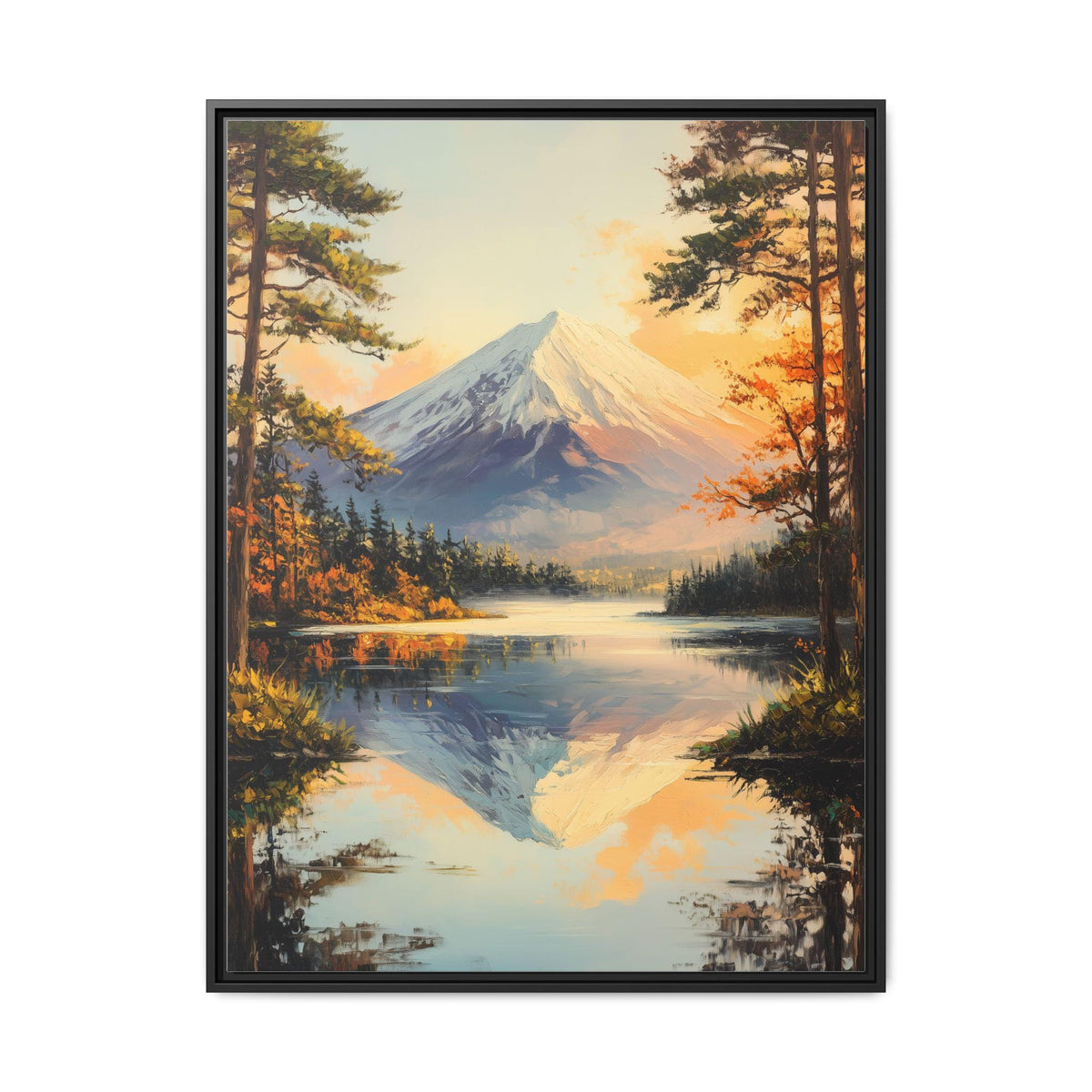 Mount Fuji wall art framed canvas print in a black wood frame