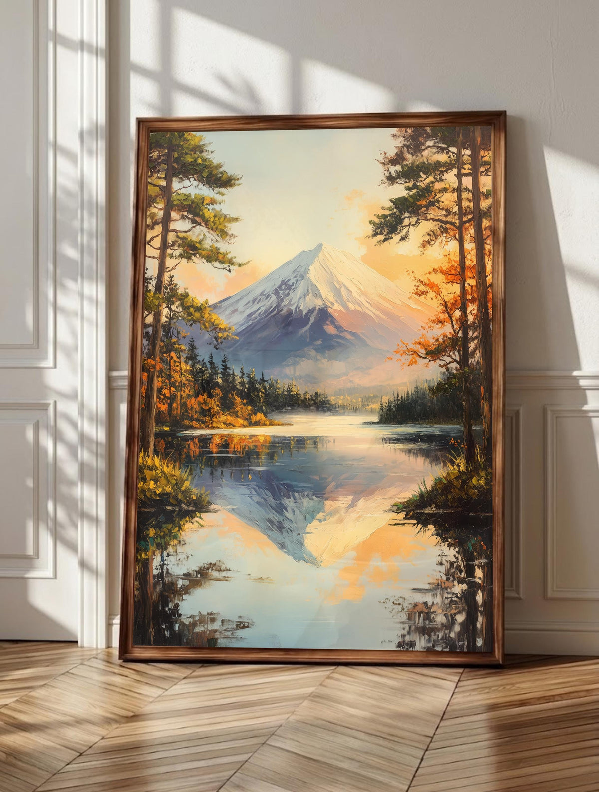 Mount Fuji wall art: the snow-capped summit mirrored in a still lake, framed canvas print
