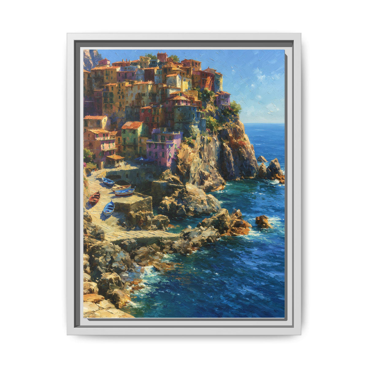 Manarola wall art framed canvas print in a white wood frame