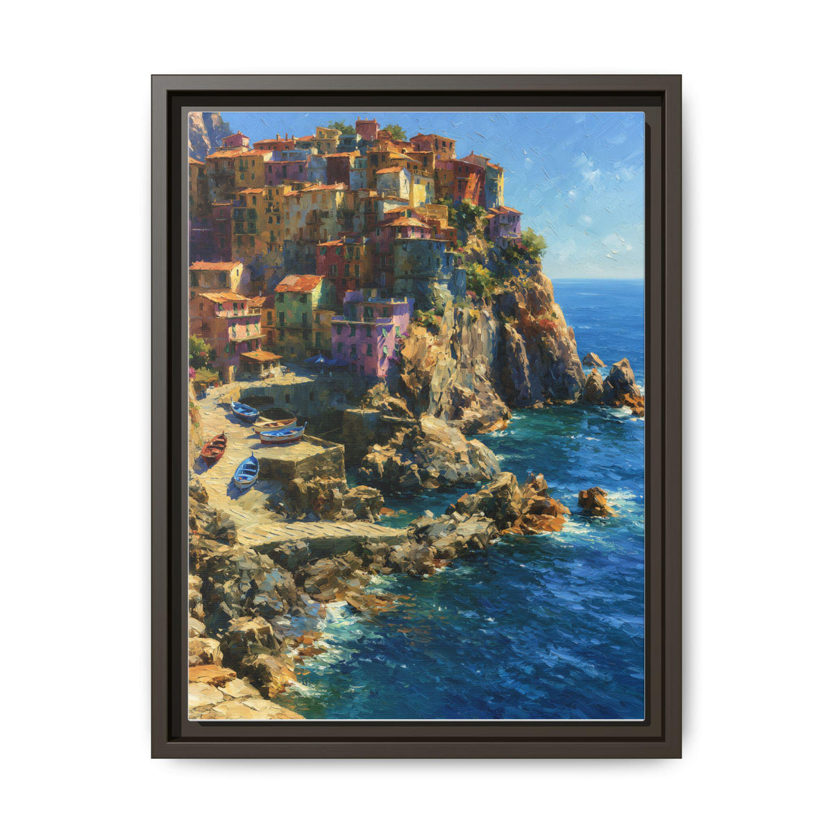 Manarola wall art framed canvas print in an espresso wood frame