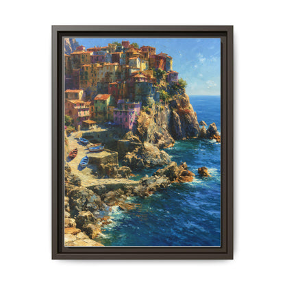 Manarola wall art framed canvas print in an espresso wood frame