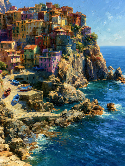 Painterly Manarola canvas print with fishing boats pulled onto the stone landing