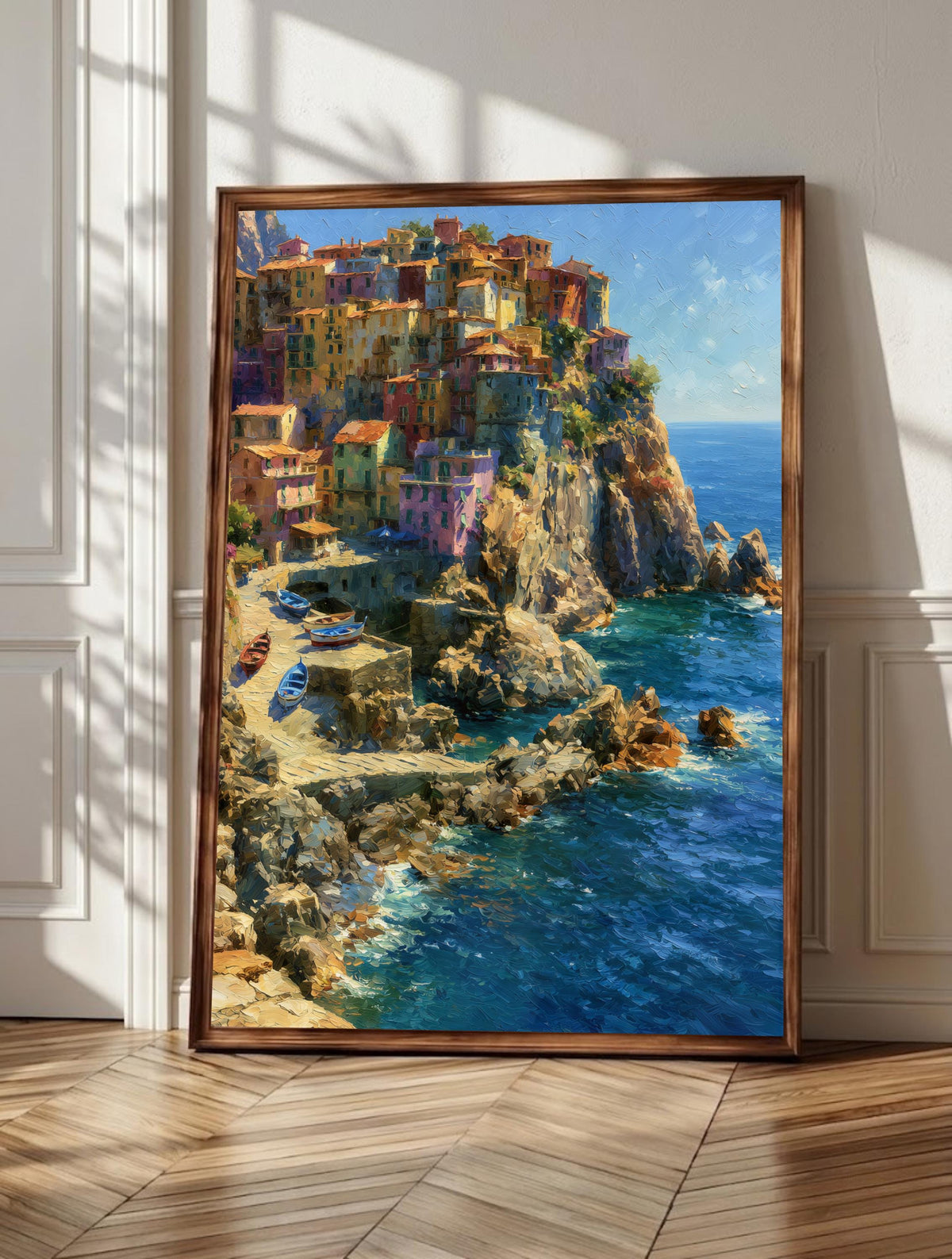 Manarola wall art: pink, ochre and gold houses climbing the Cinque Terre cliff, framed canvas