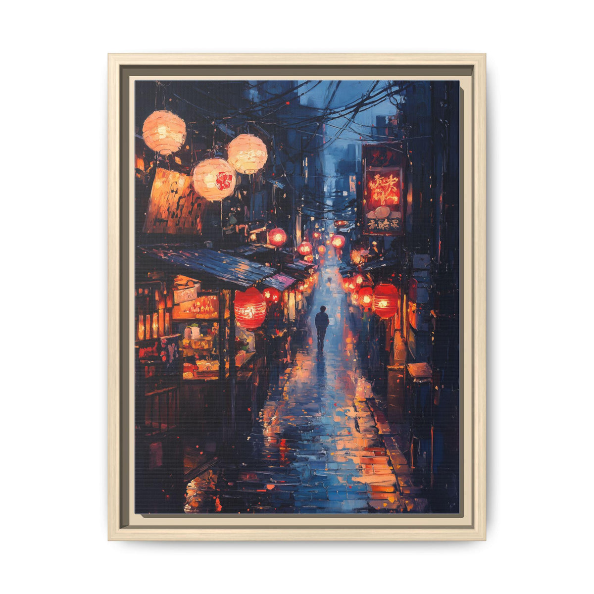 Tokyo wall art framed canvas print in a natural wood frame