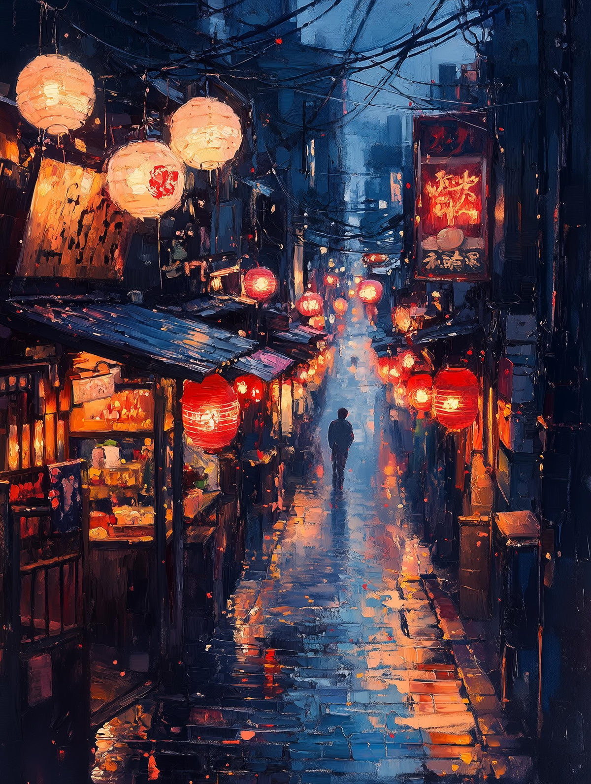 Painterly Tokyo alleyway canvas print with warm lantern glow and deep shadow