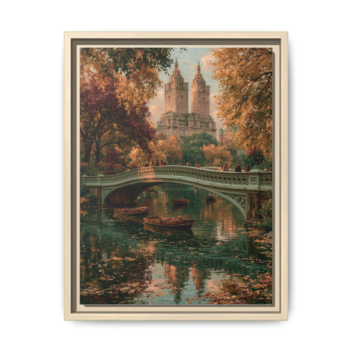 Central Park wall art framed canvas print in a natural wood frame