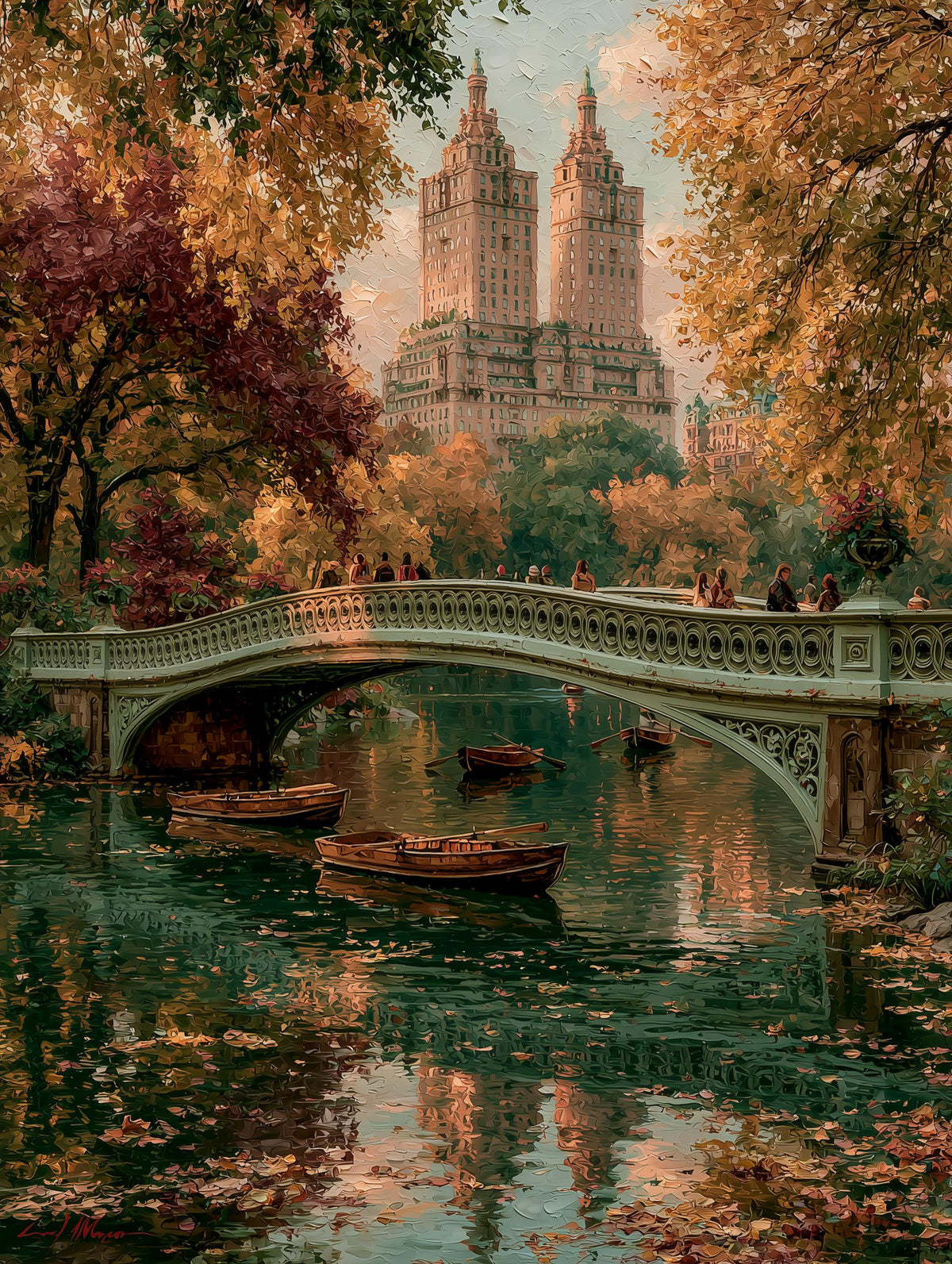 Painterly Bow Bridge canvas print with rowboats drifting below gold and crimson leaves